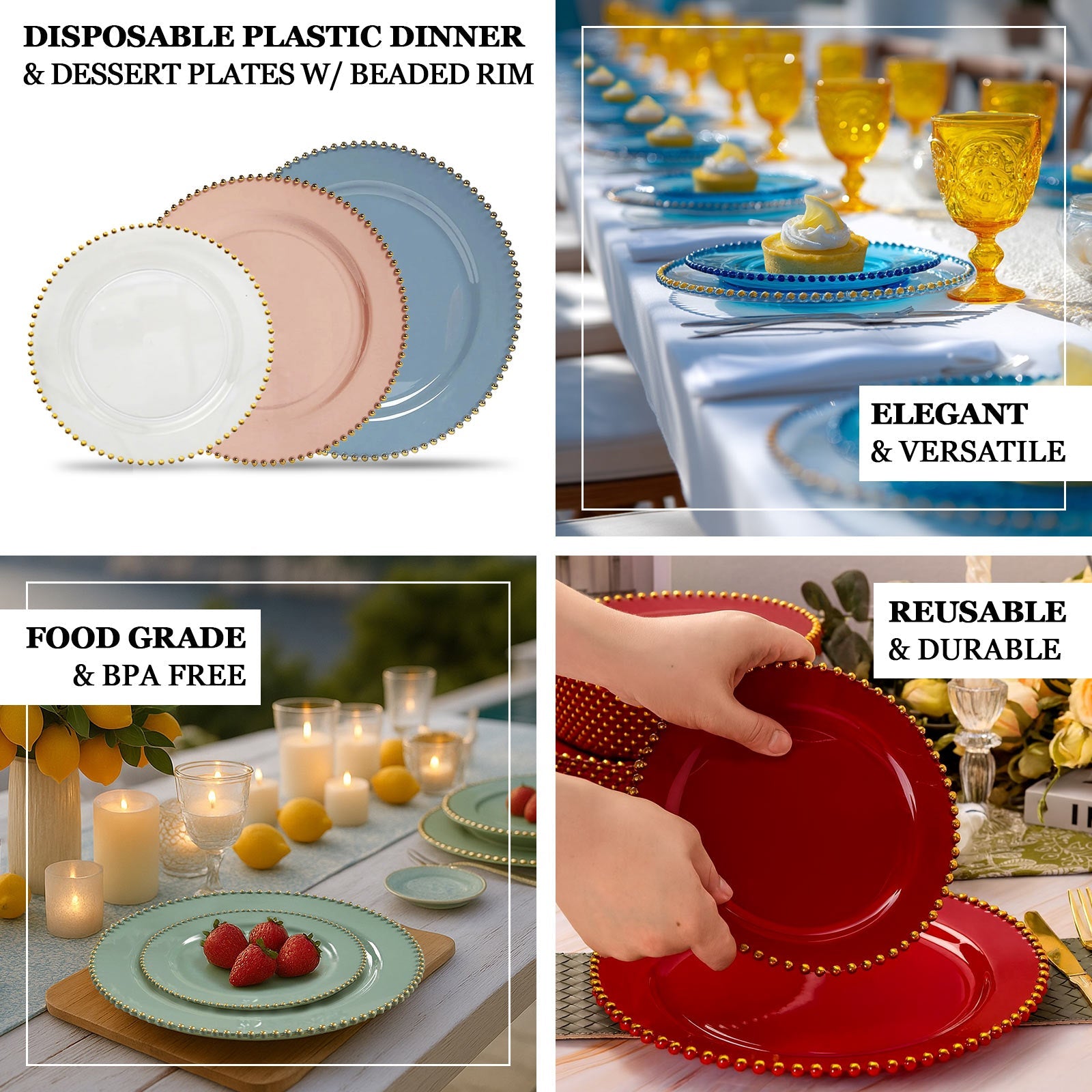 10-Pack Clear Plastic Dessert Plates – 8" Round with Gold Beaded Rim, Disposable for Parties & Events