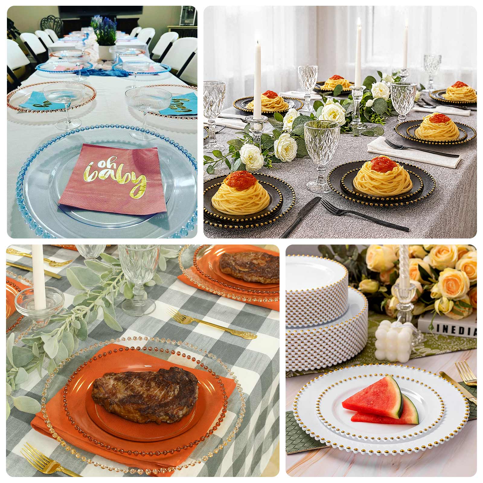 10-Pack Clear Plastic Dessert Plates – 8" Round with Gold Beaded Rim, Disposable for Parties & Events