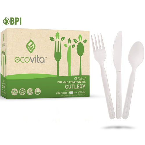 100% Compostable Forks Spoons and Knives - 380 Piece Eco Cutlery Combo Set - Eco Friendly Alternative to Plastic Silverware