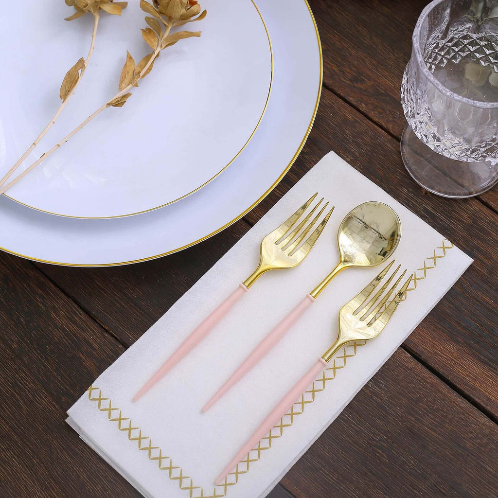 24-Pack Plastic Fork and Spoon Set Gold/Rose Gold - Heavy Duty Disposable Modern Utensils 6"