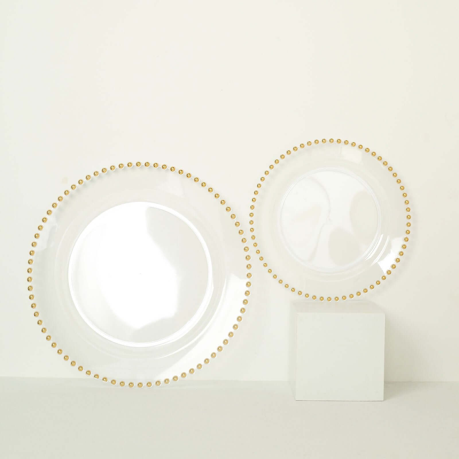 10-Pack Clear Plastic Dessert Plates – 8" Round with Gold Beaded Rim, Disposable for Parties & Events